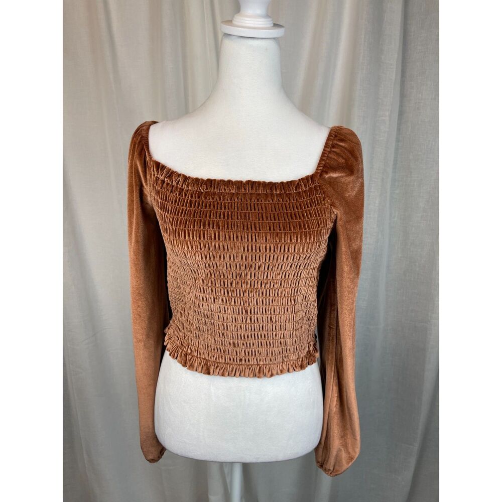Elodie Rust Brown Smocked Velvet Crop Top – Size M Boho Chic, Trendy, Romantic